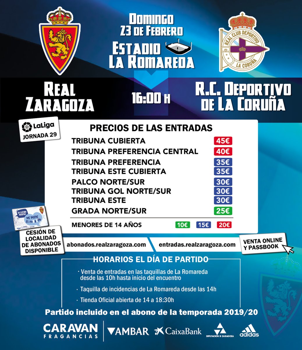 RealZaragoza's tweet photo. 🎫 ENTRADAS | Este domingo a las 16:00 h tenemos partidazo en La Romareda 🏟

Compra tus entradas online en: https://t.co/2KenKGUZCe

¡Te esperamos!
⚽ #RealZaragozaDépor https://t.co/kUAeTMLxQc