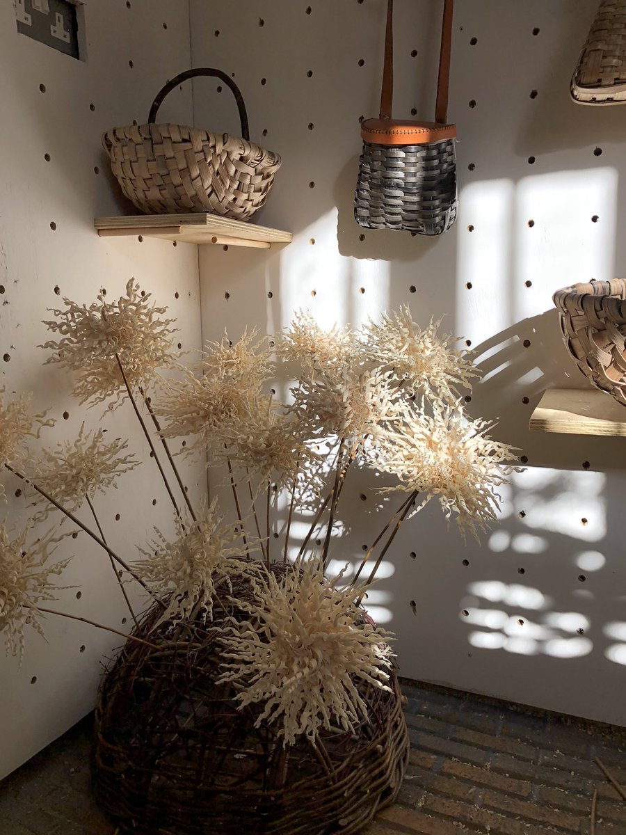 Hello sunshine. 
Gradually getting corners of the new studio looking presentable &amp; the sun has joined me.I’ll be open all weekend for visitors,12-5,please pop in if you’re nearby.

Products shown:
Flowers 
13” oak spelk shopper
L’al Yak basket bag in black &amp; tan
16” oak spelk.