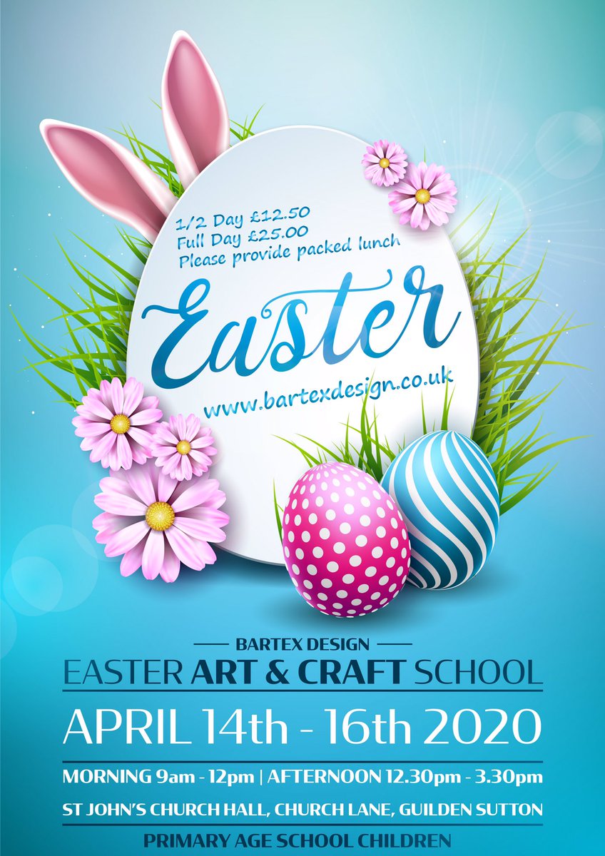 DesignBartex's tweet photo. We are delighted to announce our Easter Art and Craft School. We recommend booking early to avoid disappointment #teambartex #guildensutton #chester #cheshire #easter #holidayclub https://t.co/lQAixGXn3f