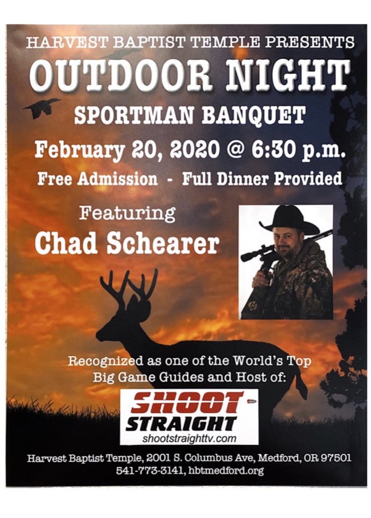 HBTmedford's tweet photo. Tonight is a night you won’t want to miss! It’s our annual Outdoor Night with Chad Schearer! Bring a friend, and come enjoy a great time! https://t.co/01WzOvHFAz
