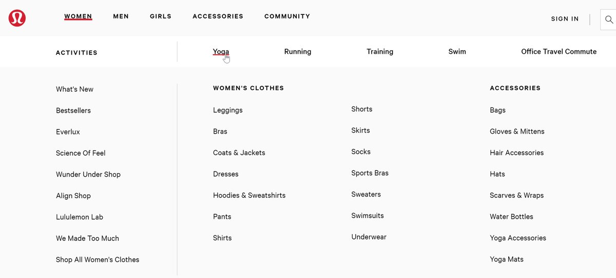 146. Desktop Navigation.Here's an alternate approach to the *exact* same issue. In this case they've added departments on top, allowing them to serve 3 different core customer types (men/women/girls), plus 'accessories' (ie, not gender/age specific items).