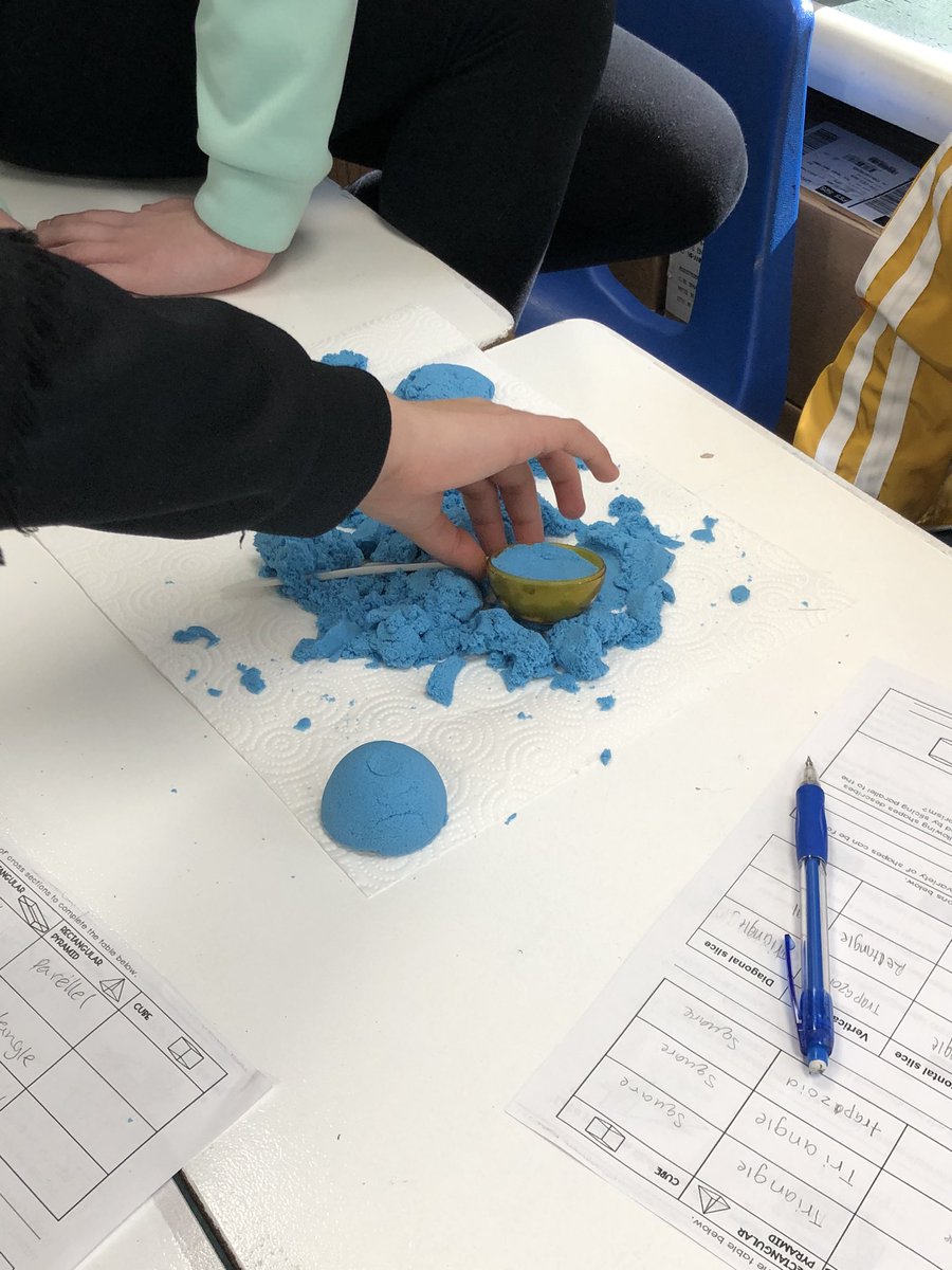 jillwolfe911's tweet photo. Cross sections of 3-d shapes!  Only way to make it real is to actually donit with kinetic sand!  @BridgetownMS @OHLSD #OHBMSBest https://t.co/4pbY8P4KwQ