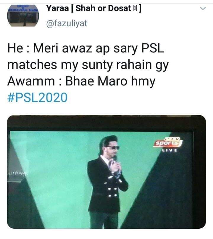 786usamat55's tweet photo. Host of #PSLV opening ceremony  #AhmedGodil is  the latest victim of trolls and memes after his hosting .
#PSL2020 https://t.co/Dy8RQQgTs1