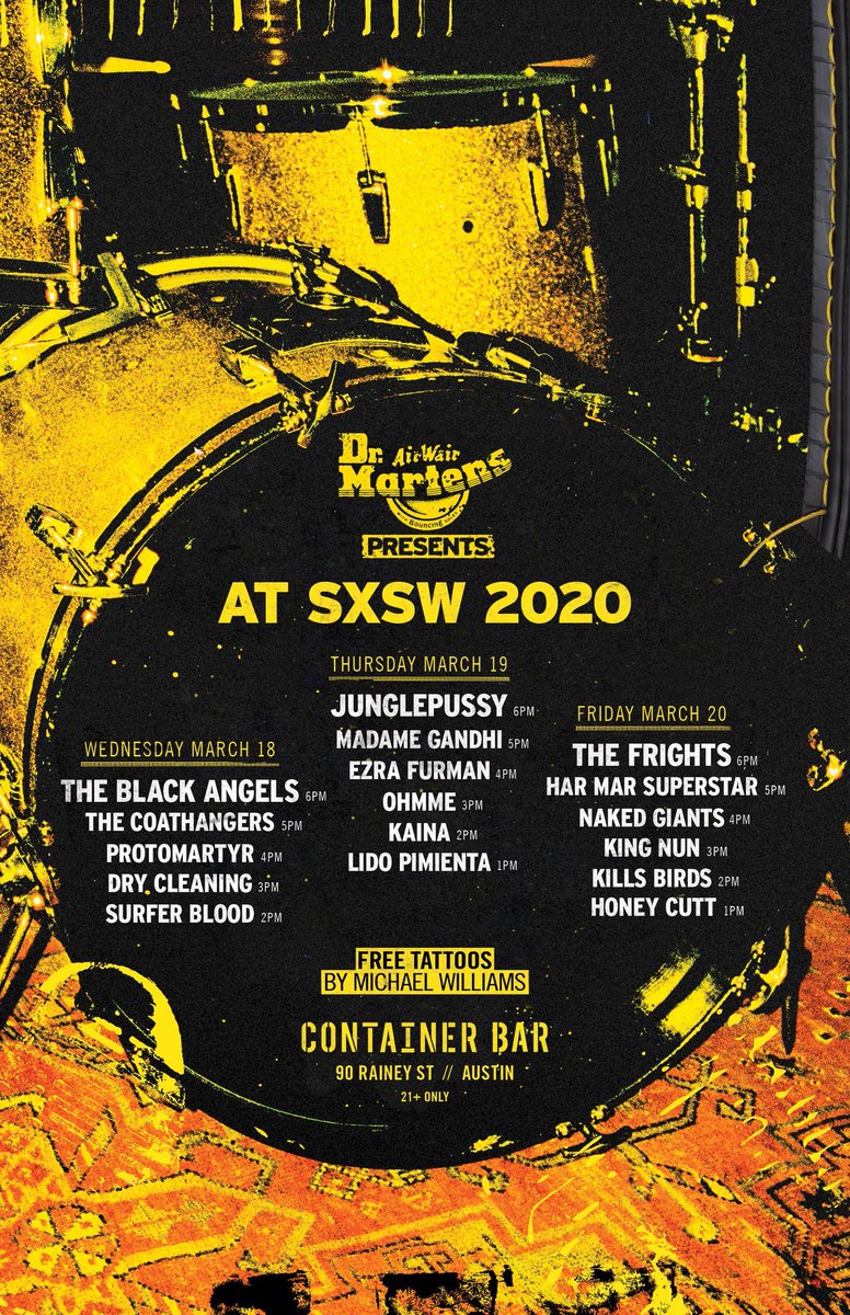 atxconcert's tweet photo. Here it is! @DrMartens is back at @ContainerBarATX for SXSW with free flash tattoos and a killer lineup! #COLLiDEonRainey
RSVP NOW! https://t.co/CPIxa791X0 https://t.co/eWOq3MzmuH