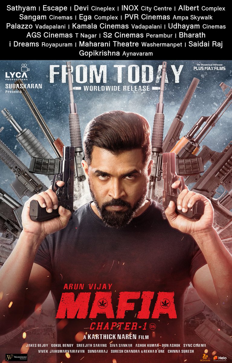 RollCameraActi1's tweet photo. Let the Guns shoot 💥 Bullets fire 🔥 &amp; Grenades explode 💣

#MAFIA 🍁 Releasing Worldwide  Today. Enjoy in your nearby theatres. 

@arunvijayno1 🦁 @karthicknaren_M 🎬 @Prasanna_actor 
 @priya_Bshankar 💁
@JxBe 🎸 @DoneChannel1 #TheHunter 🏹 &amp; #TheBeast ☝️😈 #MAFIAFromToday https://t.co/RkP3vohfjd