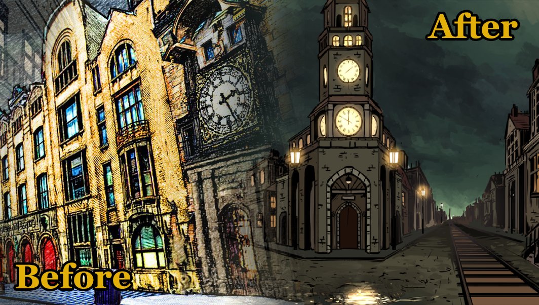 EXPressoMutt's tweet photo. Another #beforeandafter shot of the clock tower! To the left you can evidently see #oldprague. That tower had to be the most pointed out thing when we present #cameranima. 
#visualnovel #gamedev #indiedev #indie #Kickstarter https://t.co/rmwY81TmRk