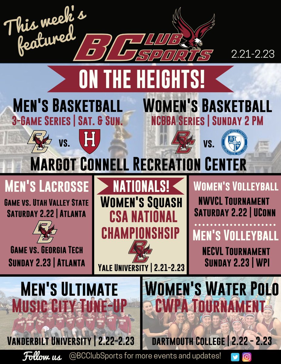 THIS WEEK 📢: Both Men's and Women's Basketball will host a series of games ON THE HEIGHTS in the MCRC 🏀! Women's Squash will be competing at Nationals at Yale! Go Eagles 🦅 <a href="/BCWCVB/">BC Women's Club Volleyball</a> <a href="/BCClubBball/">BC Men’s Club Basketball</a> <a href="/BCSquash/">BC Women's Squash</a> <a href="/BCWCbball/">BC W Club Basketball</a> <a href="/bcmensclubvball/">BC Men's Volleyball</a> <a href="/BC_Mens_Lax/">Boston College Lacrosse Club</a> <a href="/bcultimate/">BC Men's Ultimate</a> <a href="/BCWWaterPolo/">BC Women's Water Polo</a>