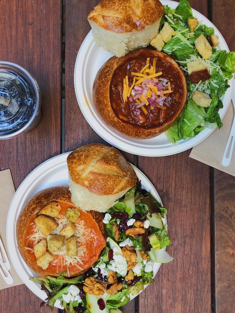 Thinking about lunch? Visit Boudin Sourdough Bakery &amp; Cafe for a tasty bread bowl of Rustic Tomato Soup or Chili. spr.ly/60111lKQ9