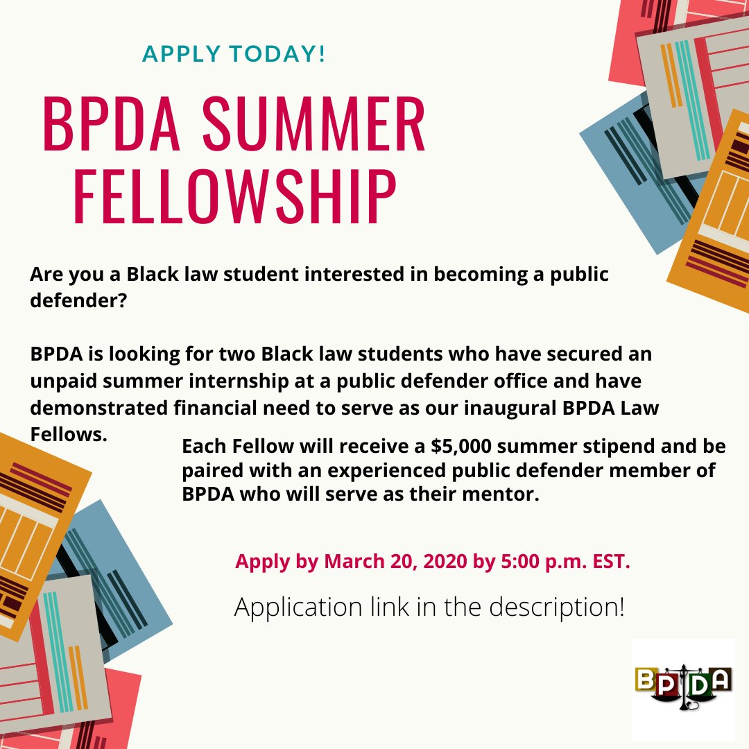 Are you a Black law student interested in becoming a public defender? 

BPDA is looking for two Black law students to serve as our inaugural BPDA Law Fellows.

Apply here: ow.ly/G9PM50yrMr6