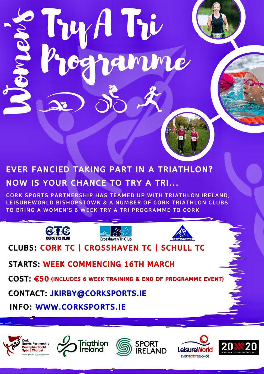 🎉 NEW Women in Sport Try a Tri 🎉

This March will see 3 NEW Women’s Try a Tri Programmes come to Cork including a Try a Tri Event in April 🤗

📍<a href="/CorkTri/">Cork Triathlon Club</a>
📍Crosshaven Tri Club
📍<a href="/schulltriathlon/">Schulltriathlon</a>

🏊🏻‍♀️ 6 Weeks
🚴🏻‍♀️ 12+ Training Sessions
🏃🏼‍♀️ Try a Tri Event

ℹ️ corksports.ie/womens-try-a-t…