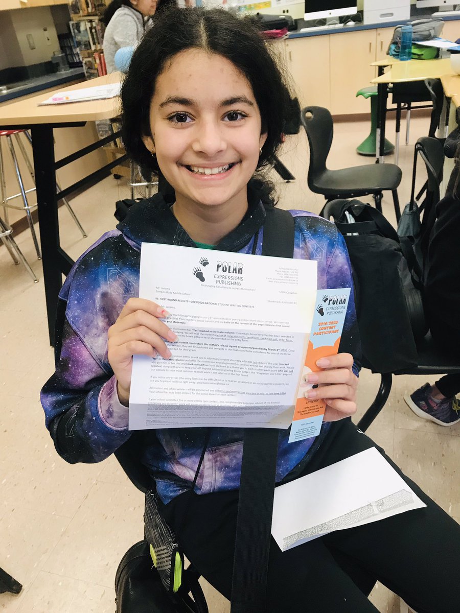 Congratulations to Iliana for submitting her short story to <a href="/PolarExpression/">Polar Expressions</a> contest first round selection 👏<a href="/tomkenroadms/">Tomken Road Middle School</a> <a href="/TomkenSciTech/">Tomken SciTech</a> #young #writers