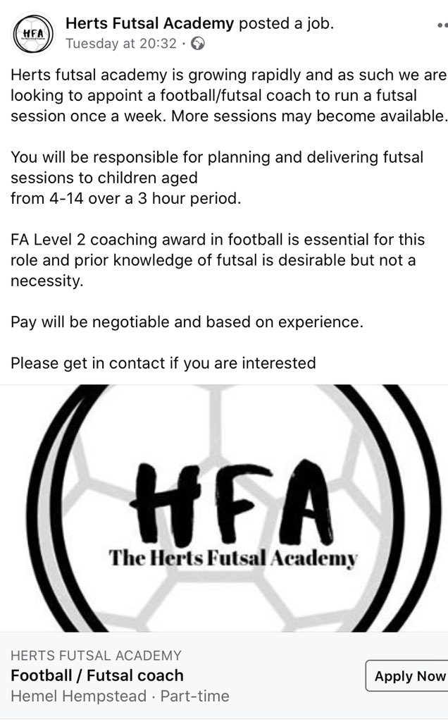 HertsFutsal's tweet photo. @HertfordshireFA @hemelfc @EscollaFutsal please pass on to anyone who you know may be interested. Thanks https://t.co/vxmCFc6xdX