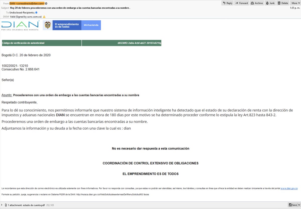 colCERT's tweet photo. ¡Alerta! correo de #phishing con asunto "Hoy 20 de febrero procederemos..." utiliza de manera fraudulenta a la @DIANColombia contiene #Malware "¡Se recomienda eliminar de inmediato!" @mindefensa @Ministerio_TIC @CaiVirtual https://t.co/COawse3cOF