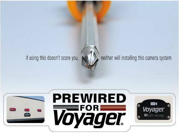 The "#Voyager #WiSight #Technology" plate means a #screwdriver is the only tool U need. The camera &amp; suction cup-mounted pair instantly 2 get UR customers back on the road just as fast. #DeckRite_RV