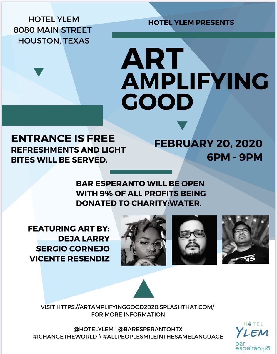 hotelylem's tweet photo. Are you looking for something to do on this rainy evening? Will you join us for #ArtAmplifyingGood? The artists will be there to talk about their experiences and their pieces.  

#houstonart #houstontx #IChangeTheWorld https://t.co/kSSJhVNbUa