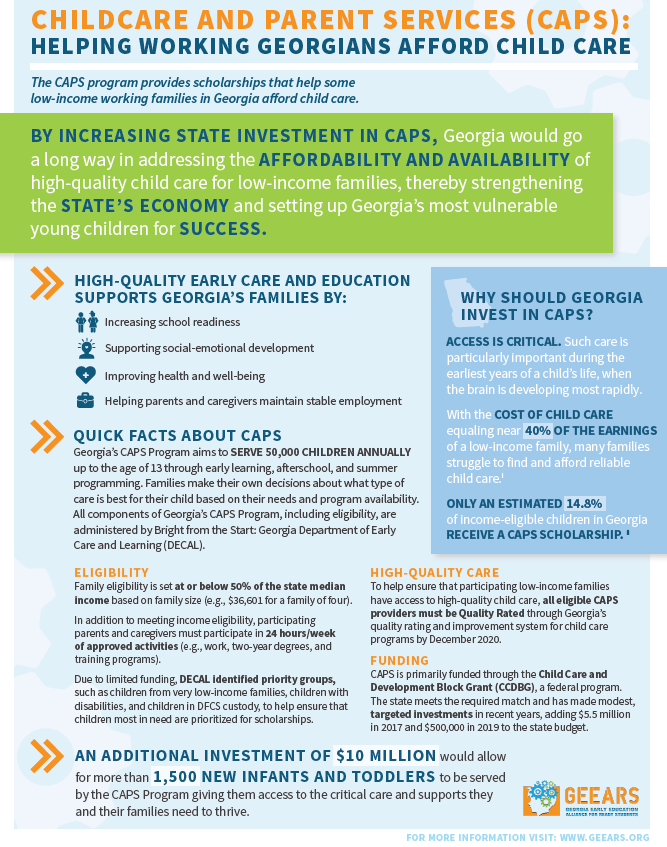 GEEARS's tweet photo. Childcare and Parent Services (CAPS) provides child care scholarships to children of #Georgia’s working families. Click here to view and download our comprehensive fact sheet: https://t.co/FCVk5KkW78 #GAEarlyEd https://t.co/BAISafJCLy