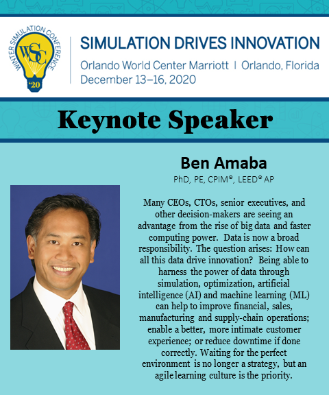 WSConf's tweet photo. Come to #WinterSim2020 to see keynote speaker @BenAmaba explore the future of the Digital Transformation where data becomes more than just a single source of truth, but a strategic asset. #WSC2020 #WinterSim #Simulation https://t.co/nFJm6bdcvK