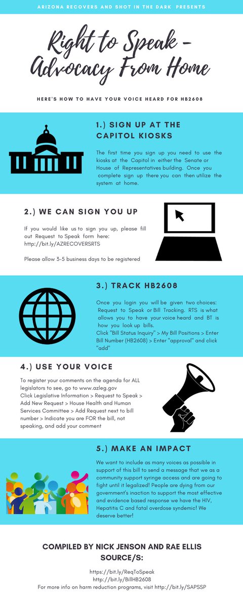 sitdaz's tweet photo. Do you want to see syringe services legalized in Arizona? Make your voice heard by showing your support for HB2608! Follow the steps in the infographic for more details 
1. Sign Up 
2. We Can Help 
3. Track HB2608 
4. Use Your Voice 
5. Make an Impact
https://t.co/Y0t1XsoBNj ♥️ https://t.co/pf2OxaTjTB