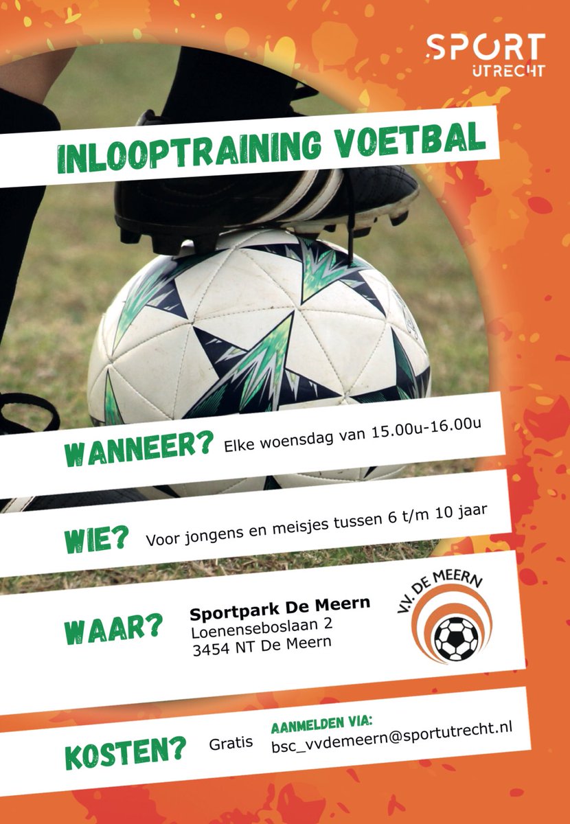 Inlooptraining bij <a href="/VVDeMeern/">V.V. De Meern</a> van onze buurtsportcoach ! Er is nog plek op de woensdagmiddag van 15u-16u om gratis het voetbal te ontdekken als je tussen 6 en 10 jaar bent. <a href="/Sport_Utrecht/">SportUtrecht</a> #voetbal #laagdrempeligsportaanbod #gratis