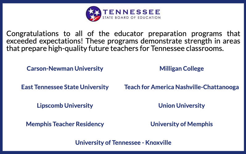 SBEd_TN's tweet photo. On the latest #EdPrep Report Card, these 9 program providers demonstrated exceptional performance on key metrics, such as candidate diversity, recent graduates’ employment, and classroom effectiveness. https://t.co/d67TXm4cvW