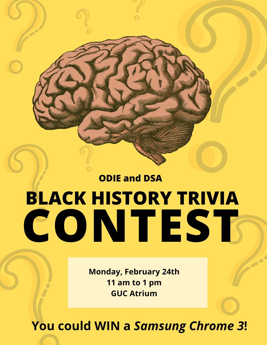 UNAODIE's tweet photo. How much do you know about Black History? 

"I was the first woman to lead an armed military operation in the United States. Who am I?"

Meet DSA at our Black History Trivia table Monday. Answer 3 consecutive questions correctly for a chance to win a Samsung Chromebook 3! https://t.co/O6cTLo8t0r