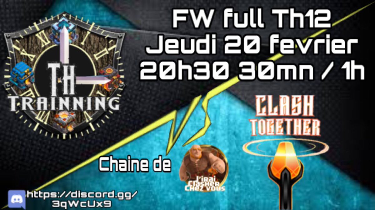 Et c'est parti pour la Fw Th12 10vs10 entre Th12 Training et Clash Together

Venez suivre cette guerre pendant 2h sur la chaîne de <a href="/katiaJCCV/">Katia / J'irai clasher chez vous</a> via le lien !

On vous attends !!

youtu.be/QGyW9UUmQHA