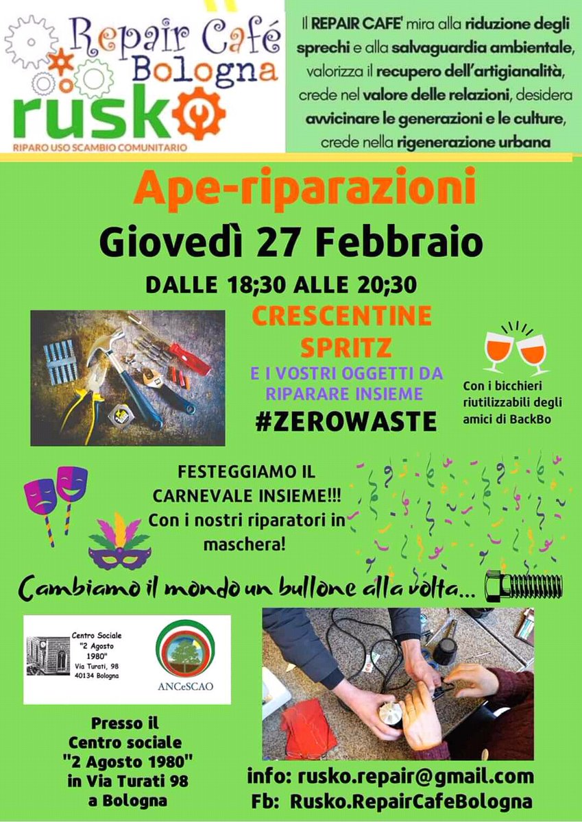 Nuovo appuntamento con Ape-riparazioni
Giovedì 27 febbraio dalle 18.30
Cogliamo l'occasione per festeggiare insieme il #Carnevale...riparando in maschera e per i #bambini balli nel salone
#riparazioni #zerowaste #repaircafe #Bologna #quartiereportosaragozza <a href="/RuskoRepair/">Repair Cafe Bologna</a>