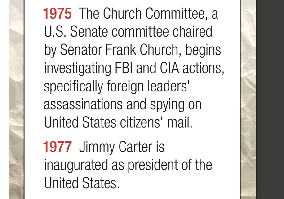 1975The Church Committee,U.S. Senate committee chaired by Senator Frank Church,begins investigating FBI + CIA actions,specifically foreign leaders' assassinations+ spying on U.S. citizens' mail.1977Jimmy Carterinaugurated as president of U.S.PROMISDanny Casolaro