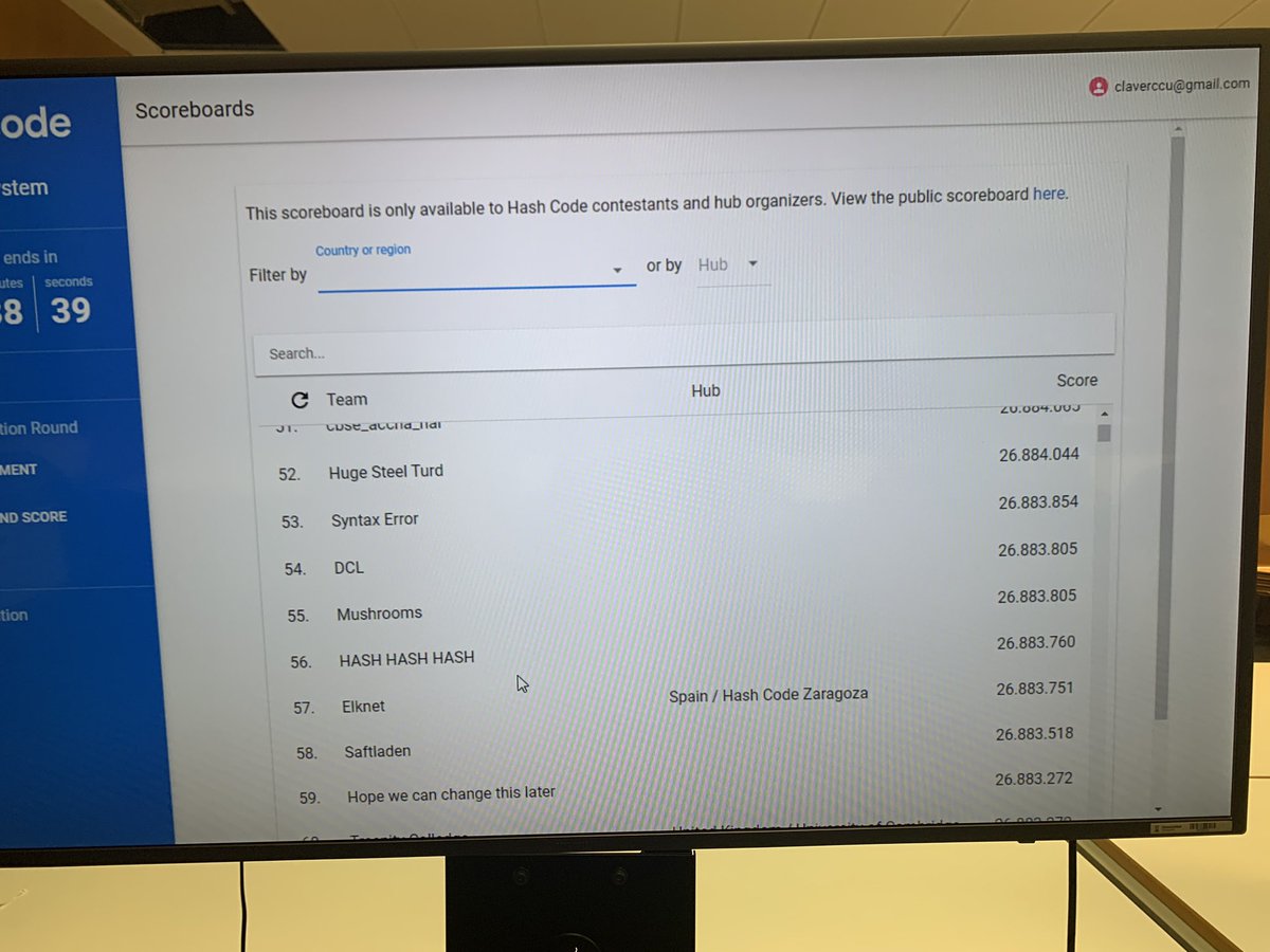 hashcodezgz's tweet image. Elknet is now 56th of the world!!!! 30 more minutes until the scoreboard freezes #hashcode #hashcodezgz