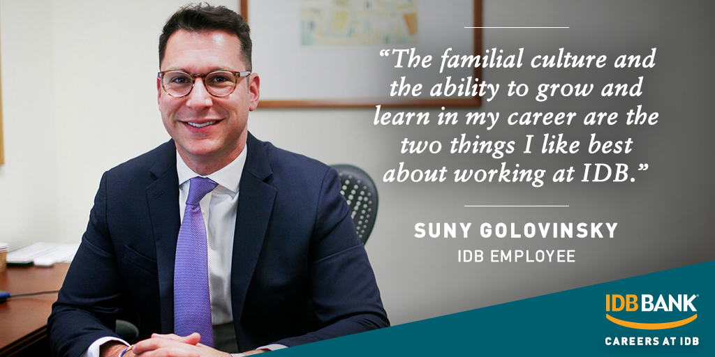 idb_bank's tweet photo. "The familial culture and the ability to grow and learn in my career are the two things I like best about working at #IDB." -Suny Golovinsky

Learn more: https://t.co/tcNd4kjfmI

#IDBCareers #jobs #bankingjobs https://t.co/X5IYiAWzhl