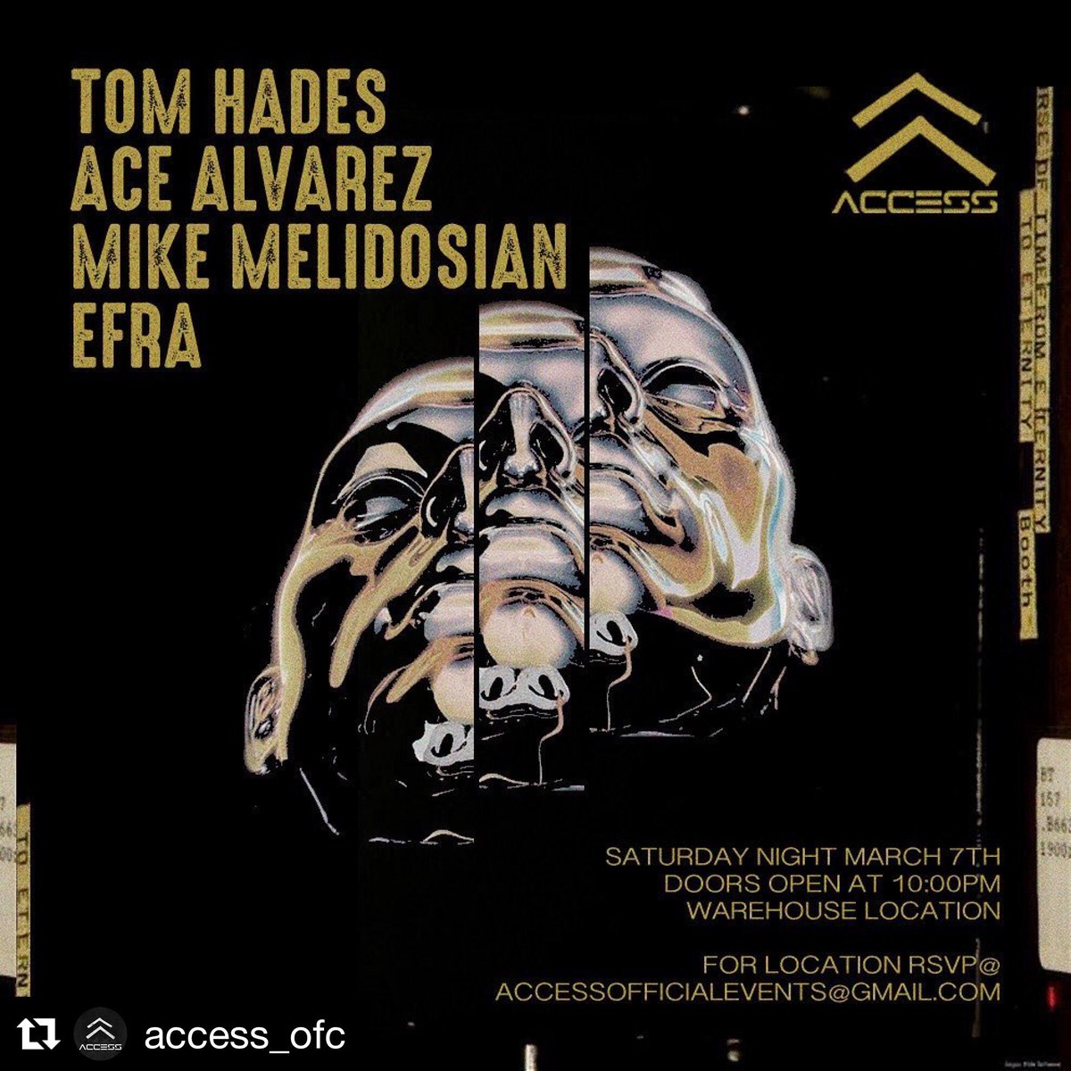 Saturday March 7th, we’re taking our party to a new Warehouse location. Special guests
<a href="/tomhades/">Tom Hades</a> | <a href="/AceAlvarezNYC/">Ace Alvarez</a> | <a href="/MikeMelidosian/">Mike Melidosian</a> | <a href="/EFRA_NY/">Efra</a> 
RSVP @AccessOfficialEvents@gmail.com.
Limited amount of early bird tickets now available. Tix link below 

bit.ly/31UjnQH