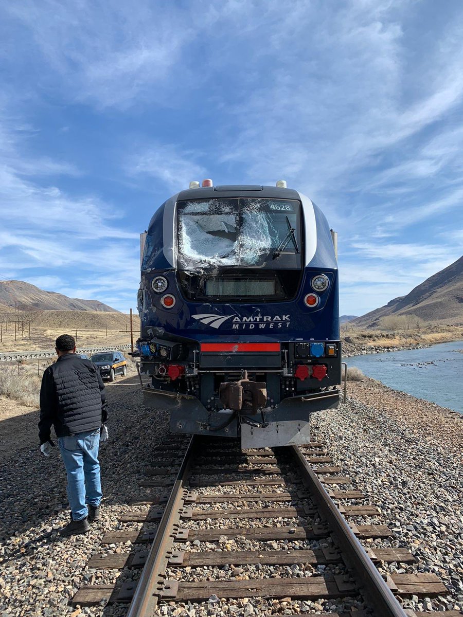 TMFPD's tweet photo. At approx 10am, #TMFPD and @StoreyCounty Fire responded to a collision between an @Amtrak train and cement truck. Two were transported to hospital with minor injuries, one was treated at the scene. No derailment. The incident is under investigation. https://t.co/yiXJAVR4Sp