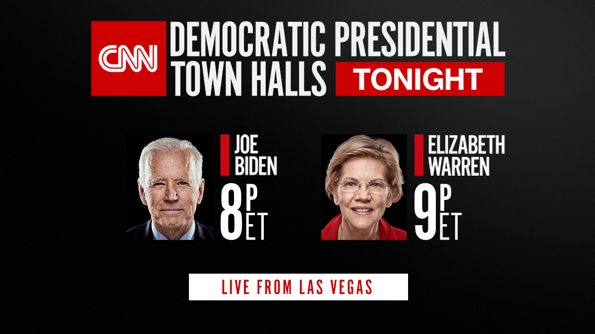 CNN's tweet photo. Join CNN for a second night of back-to-back Democratic presidential town halls just days ahead of the critical Nevada caucuses. @JoeBiden and @EWarren answer voter questions live from Las Vegas, tonight starting at 8 p.m. ET https://t.co/YVlCSh6VNf