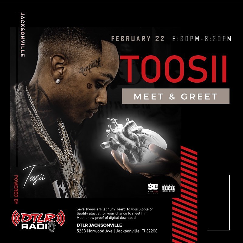 DTLRVILLA's tweet photo. #DUVAL 📲 Download @toosii2x “Platinum Heart” to your phone and stop by #DTLR Gateway THIS Saturday to meet him!!
•
⚡️Powered By DTLR Radio 📻
•
#DTLR #TOOSII #DTLRfl #Rap #HipHop #Toosii2x #PlatinumHeart #Jacksonville #JacksonvilleFL #BigSteppa @robintheheart https://t.co/gEH42bcOp2