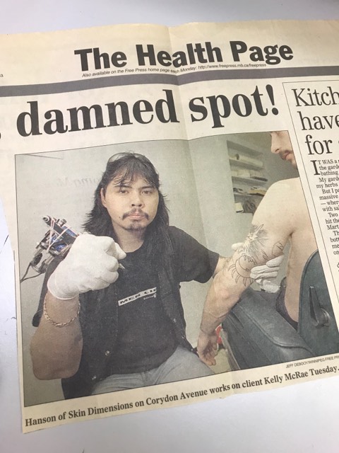 here is mike hanson #tattooing kelly mcrae way back in july of 1996 #winnipegfreepress #ripmike #tbt #throwback #thursday #tattoohistory #canadiantattooculture #skindimensions #tattoostudio #winnipeg #corydonave