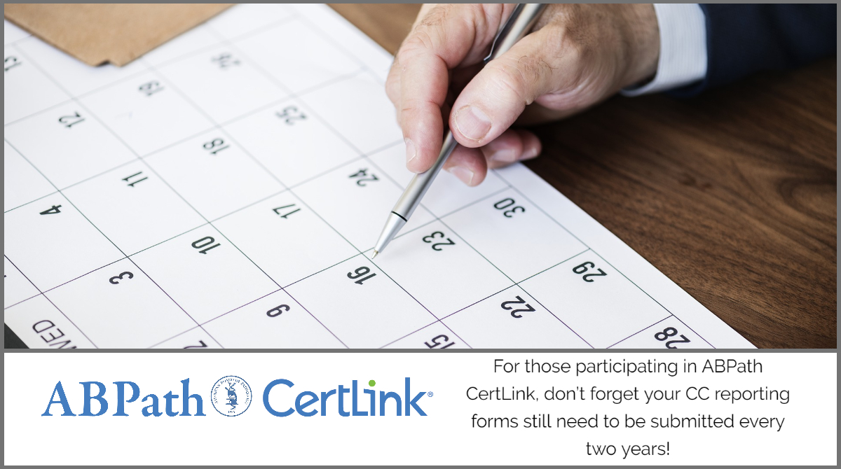 TheABPath's tweet image. For those participating in ABPath CertLink, don’t forget your CC reporting forms still need to be submitted every two years! For more information on the reporting requirements, please visit  bit.ly/2SHkWyu.  #pathology #pathologists #ContinuingCertification