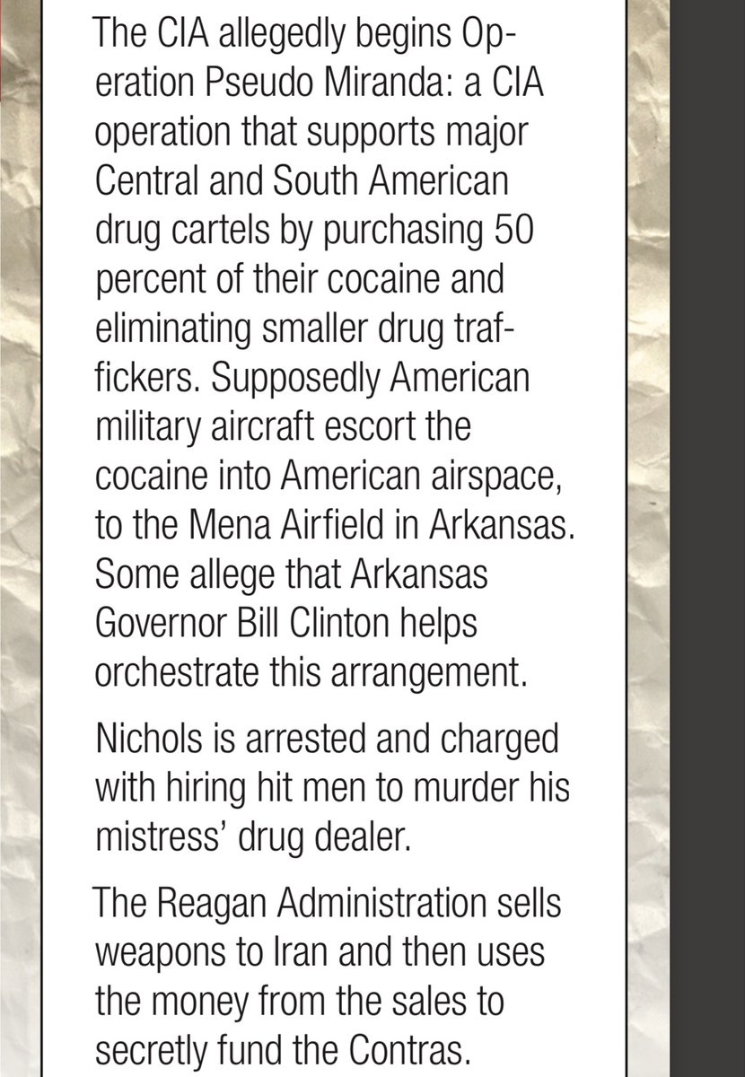 1983American military aircraftescort cocaine N2 American airspace,2 Mena Airfield in Arkansas.Arkansas Gov Bill Clintonhelps orchestrate this arrangement[?]John Philip Nichols arrested + charged w hiring hit men2 murder his mistress’ drug dealer.PROMISMurder 2?