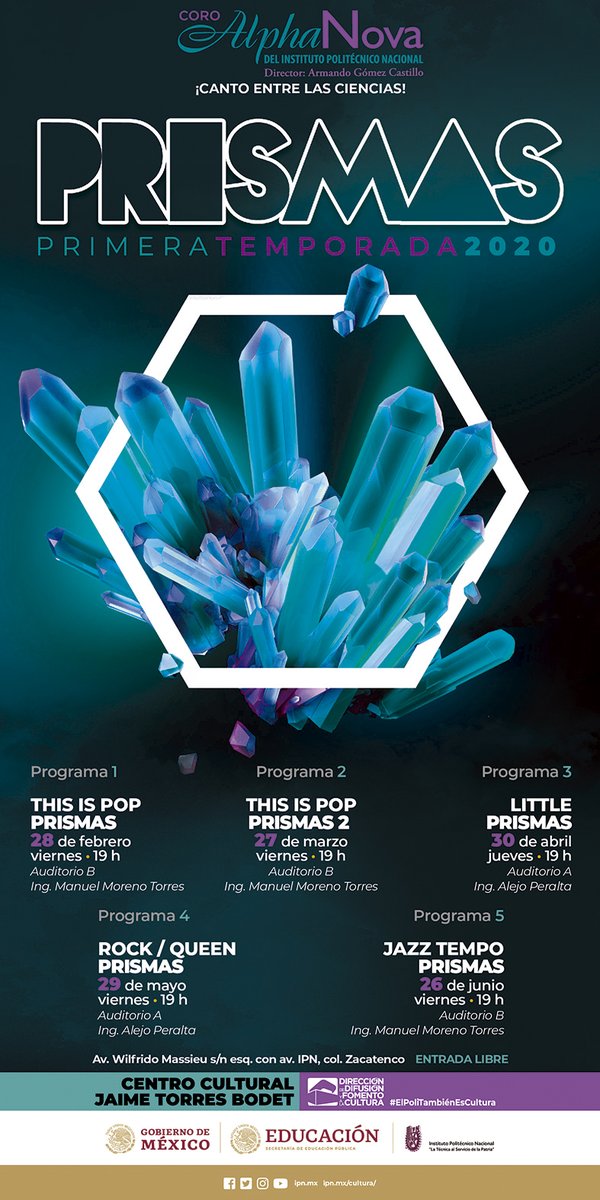 IPN_Cultura's tweet photo. #Prismas2020 Primera Temporada 2020 del @CoroAlphaNova: #ThisIsPopPRISMAS, #ThisIsPopPRISMAS2, #LittlePRISMAS, #RockQueenPRISMAS y #JazzTempoPRISMA. ¡Canto Entre las Ciencias! https://t.co/CnMBScReAJ
⏰ 19:00. 📍 #AIMMT del #CCJTB. 🎟️ #EntradaLibre.
#ElPoliTambiénEsCultura. https://t.co/EnnsTntCSy