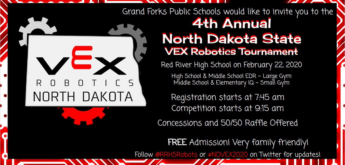 GFSchools's tweet photo. Please join us at the 4th Annual North Dakota State VEX Robotics Tournament! The event will be held at Red River High School on February 22nd. The admission is free and the competition starts at 9:15 a.m. We hope to see you there! #gfschools #ilovegf #gfiscooler #NDVEX2020 https://t.co/XLbPVzwyzc