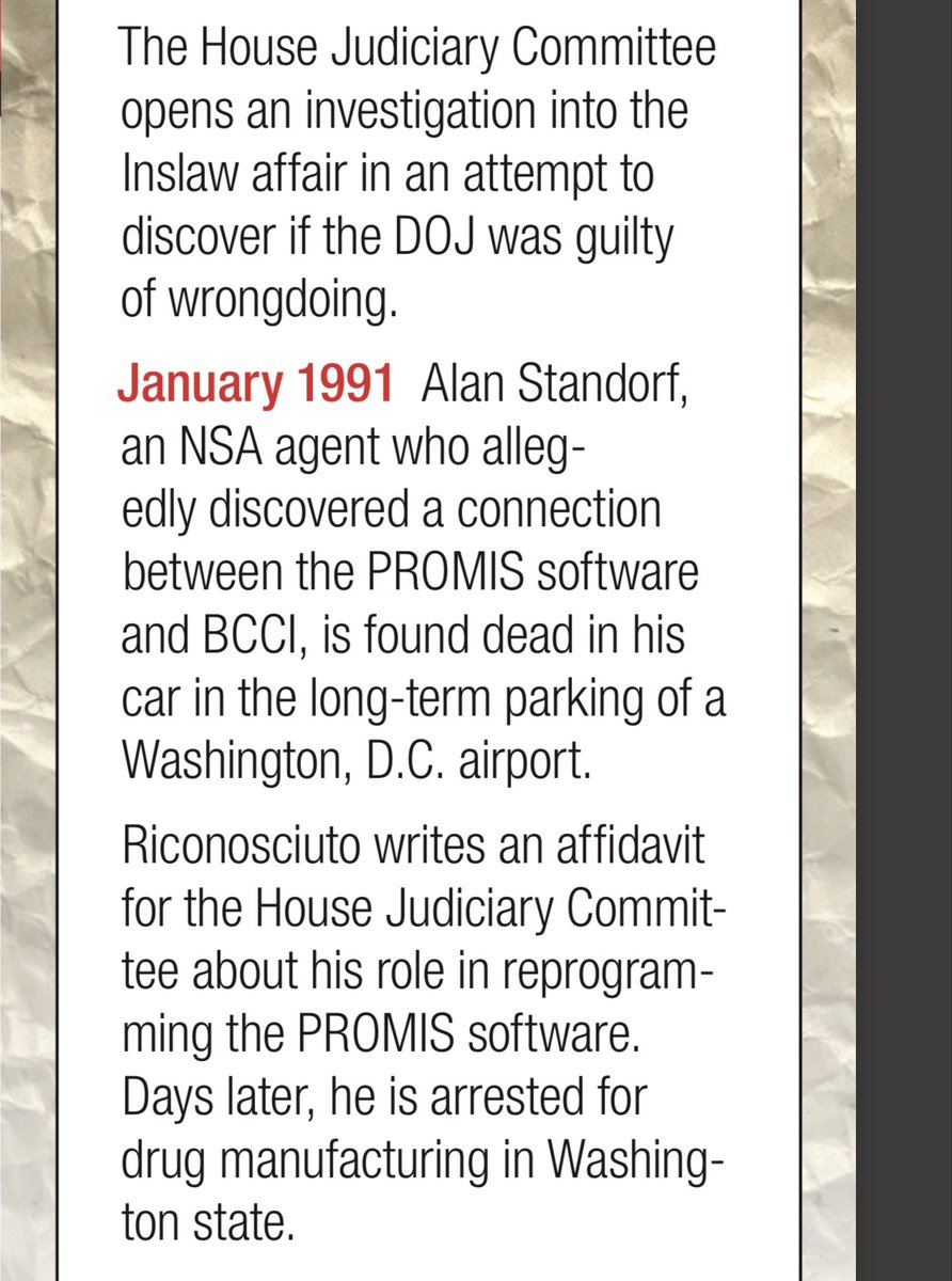 January 1991Alan Standorf,NSA agent who discovered connex btw PROMIS software + BCCI, is found dead in his car in long-term parking of RR, D.C. airport.PROMISDanny CasolaroMurder 4?