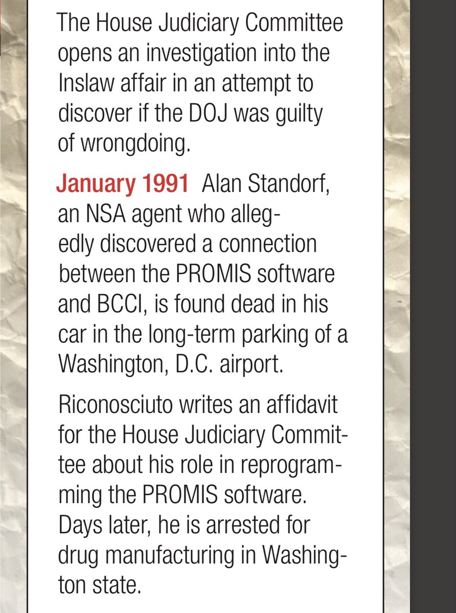 January 1991Michael Riconosciuto writes affidavit 4House Judiciary Committeeabout his role in reprogrammingPROMIS software.Days later,he is arrested 4 drug manufacturingin Washington state.Danny CasolaroHamilton