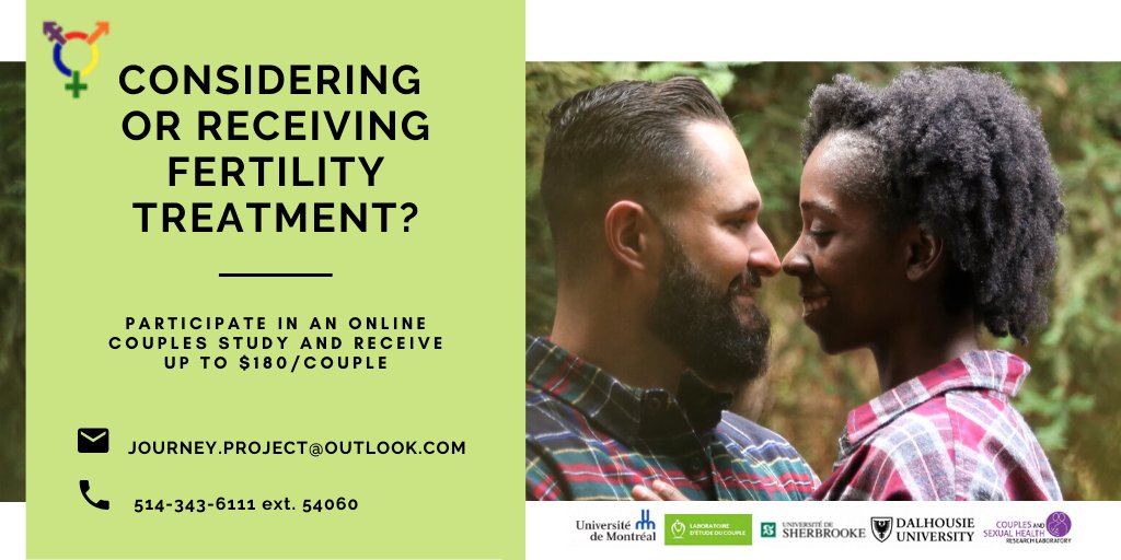 Dalhousie Research: Seeking couples online who are within 6 months a first visit to a fertility clinic to complete surveys every 6 months for 2 years. Inclusive to all gender identities, and sexual orientations.

Contact journey.project@outlook.com or 514-343-6111 ext. 54060.