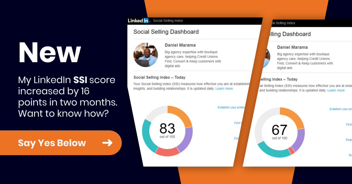 dmarama03's tweet image. If you would like for me to share how I've improved my SSI (social selling index) score, comment "YES" below.

Hopefully, this is not the first time you are hearing about #LinkedIn's #SSI score?  #socialsellingindex 

Your goal is to have a score of 70 or better.