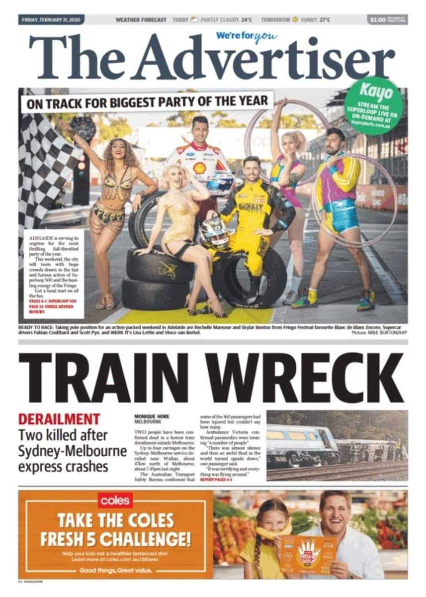 theTiser's tweet photo. Making front page news in today's @thetiser Search for missing after horror train crash kills two
https://t.co/BpFa2q8pbB.
Plus, revving up for the biggest party of the year. #Superloop500 #FrontPagesToday https://t.co/436joSmgS5