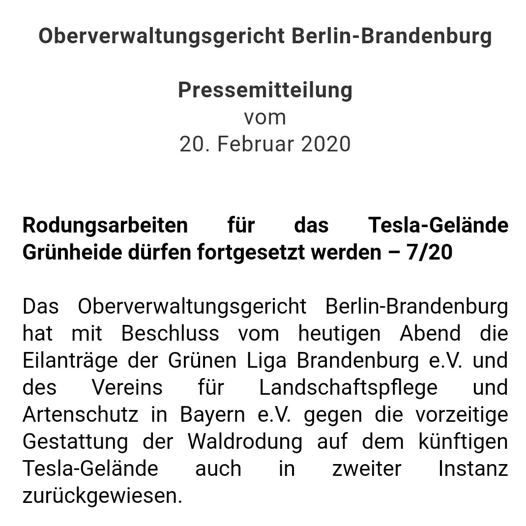 Dominik_Lenz's tweet photo. Nach Tagen des Stillstands: #Tesla darf weiter Bäume in Grünheide fällen. OVG weist Antrag auf Rodungsstopp zurück
#GigaBerlin
@rbb24 
@rbbinforadio https://t.co/6eDncUulh6