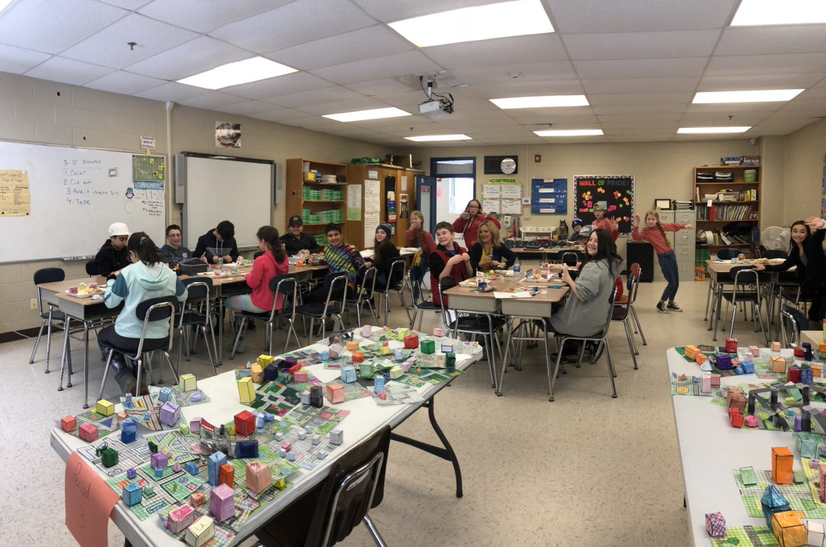 math_durant6's tweet photo. These kids all asked to come during lunch to eat and work on their geometry city projects today! Huge shout out to our math tutor who volunteered to help out too! Thanks Mrs. Taggart! https://t.co/GTN66PwOJR