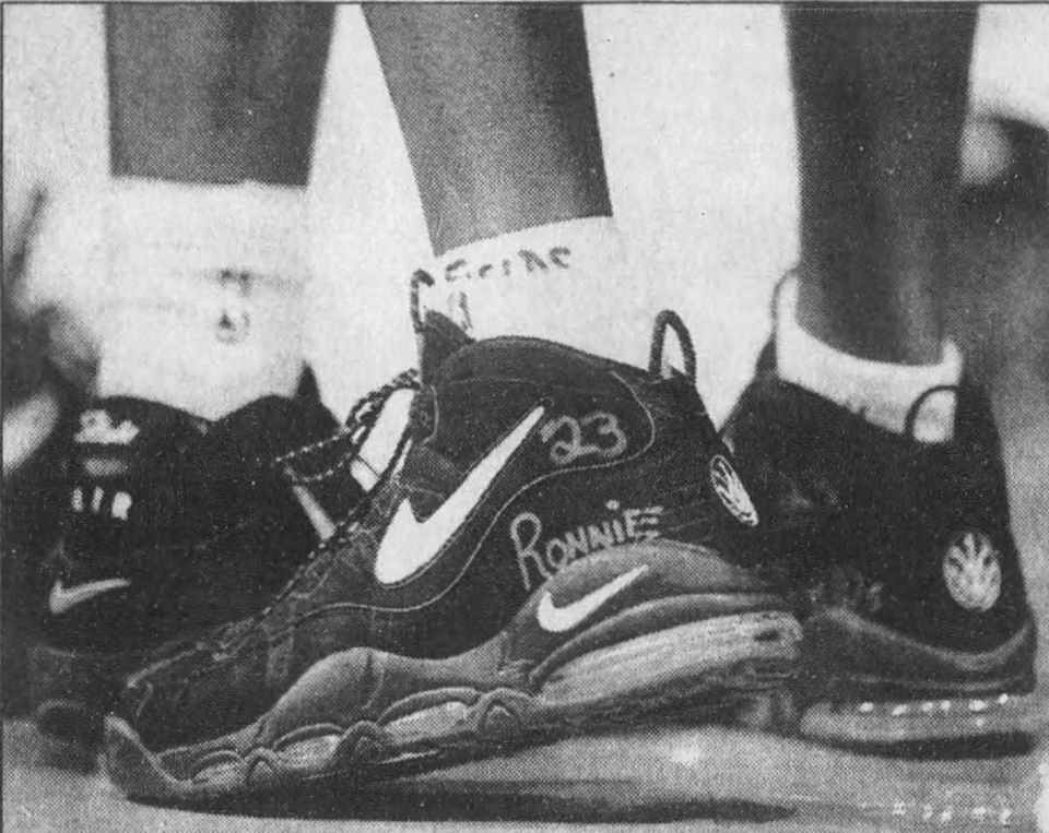 The game was played at the U.C. on Feb. 27, 1996. It was KG's first game in Chicago as a pro, and it was the day after his former Farragut teammate Ronnie Fields suffered a broken neck following a brutal car crash.KG adorned his shoes for Fields. Here they are.