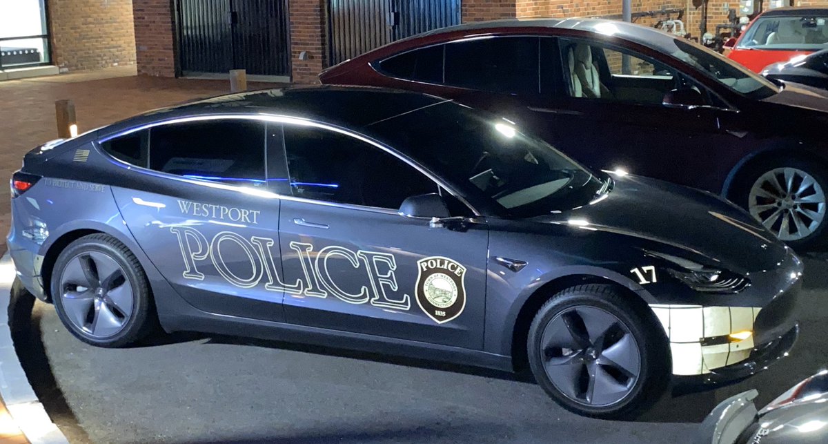 paulbraren's tweet photo. Took video at tonight’s #evclubofct event w/ world’s first @Tesla Model 3 police car that uses the motor’s battery (instead of the 12V) for lights & accessories. Gas cars in same traffic enforcement role get ~10 mpg, idling a lot. https://t.co/n558ntO5Pj @TecKnowMe @wptEVclub https://t.co/wqgewkDKl0
