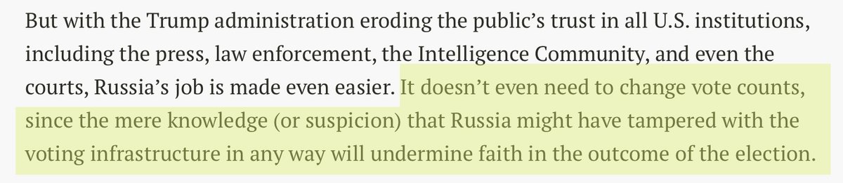 4/ Russia also wants to destroy our institutions and dismantle our government. Hence Trump-Fox-GOP + Russia =I agree with this conclusion (From the  @just_security article linked earlier)