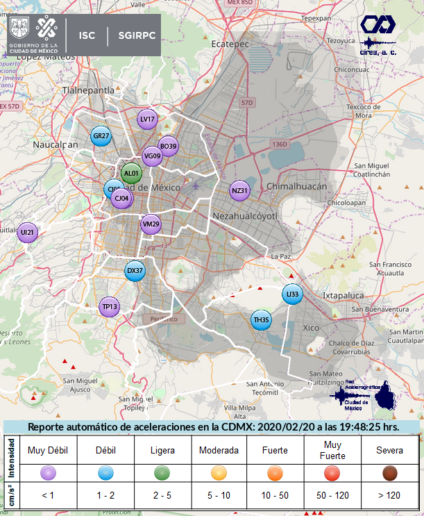 RedSismicaRACM's tweet photo. Resultado Preliminar del #Sismo registrado el 20 de febrero de 2020 en la #CDMX a las 19:48:25 hrs. cuyos efectos han sido en su mayoría Muy Débiles a Débiles. Registros Mapa Interactivo https://t.co/vS2k2Zm5Df https://t.co/wrqyI5bwJr